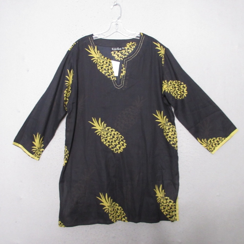 KikiSol Tunic XL Pineapple Print Cotton Beach Coverup Black Yellow Hand Printed